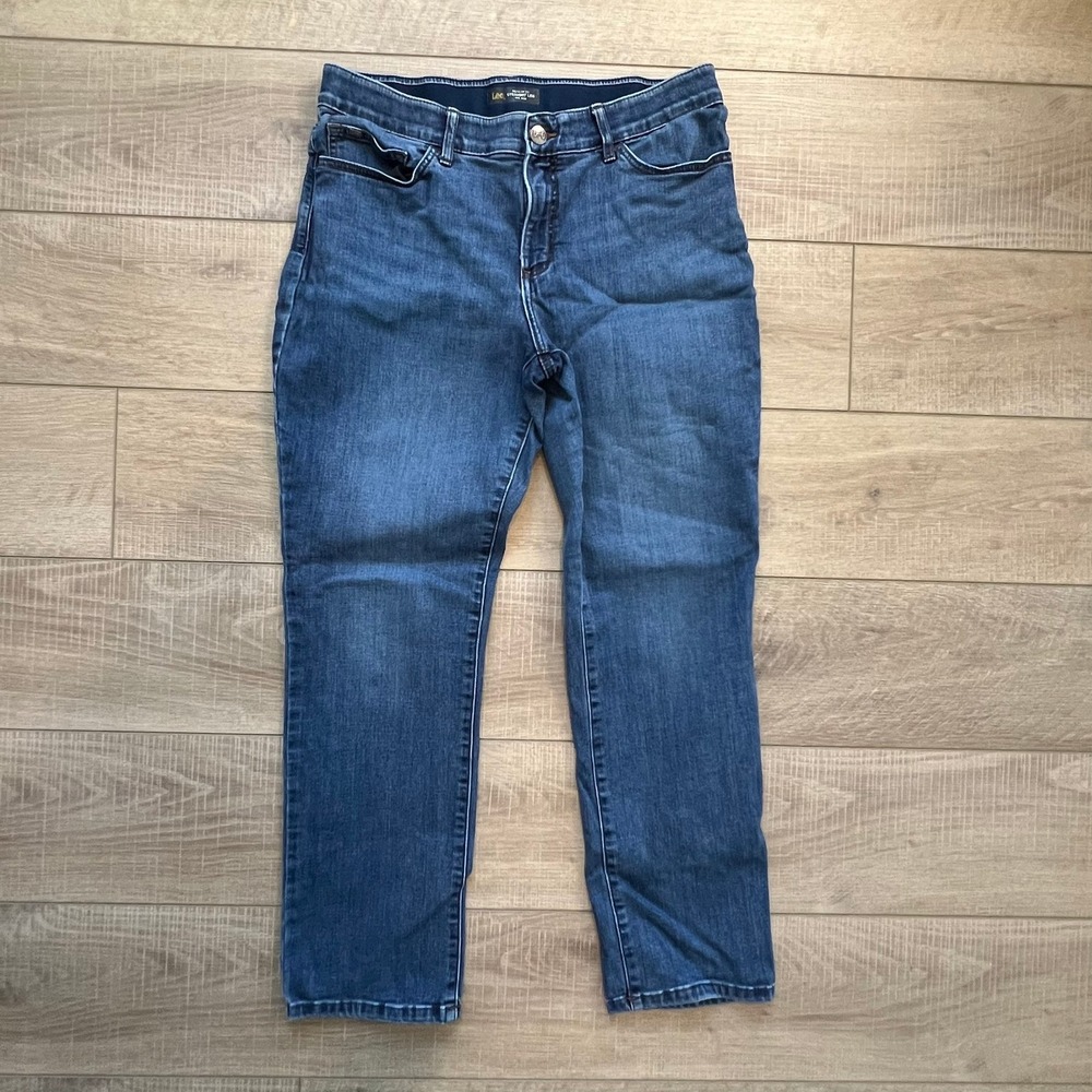 Lee Straight Leg Jeans Women 14 Medium Blue Mid Rise Flex Motion Regular Fit